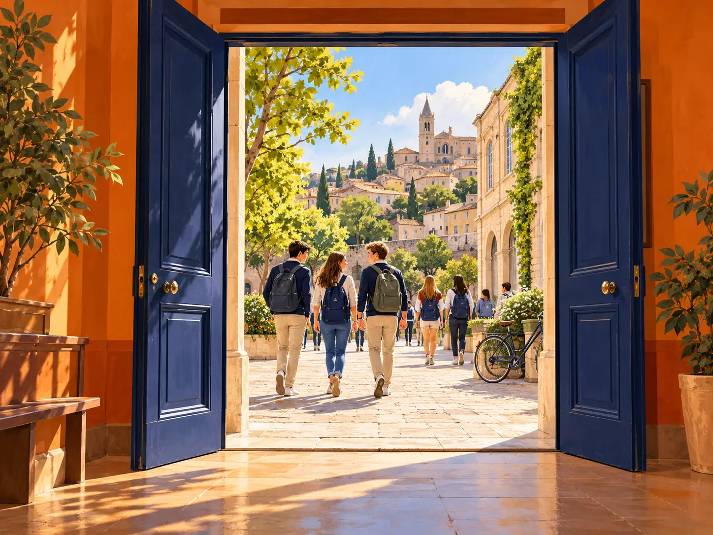 Illustration of open navy doors leading to a European school courtyard and students